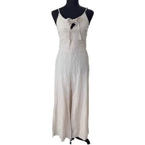 Japna Linen‎ Blend Jumpsuit Womens M Beige Tie Front Boho Coastal Cottagecore